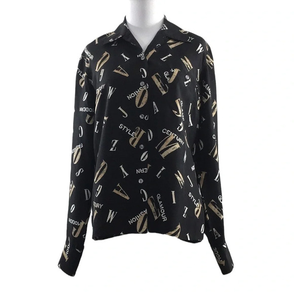 Liz Claiborne VTG 90s Black Cream Printed Button‎ Front Silk Shirt Womens Small - Picture 1 of 11